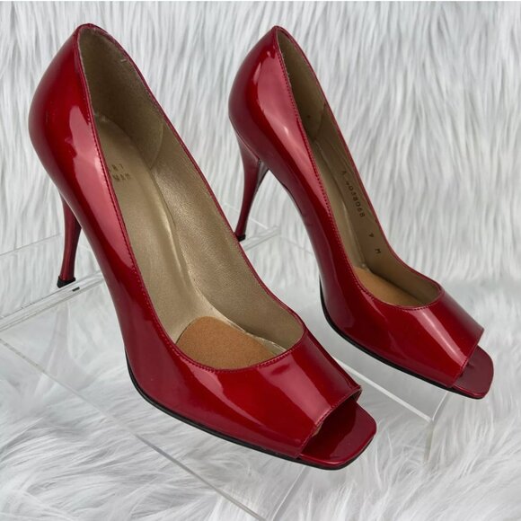 Stuart Weitzman Cherry Red Heels Pumps Patent Leather Open Toe 4" Valentines Day - Picture 12 of 16